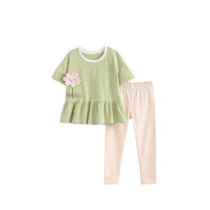 MyKids-USA® Arrival Summer Baby Kids Girls Short Sleeves Striped T-shirt and Plaid Pants Clothing Set