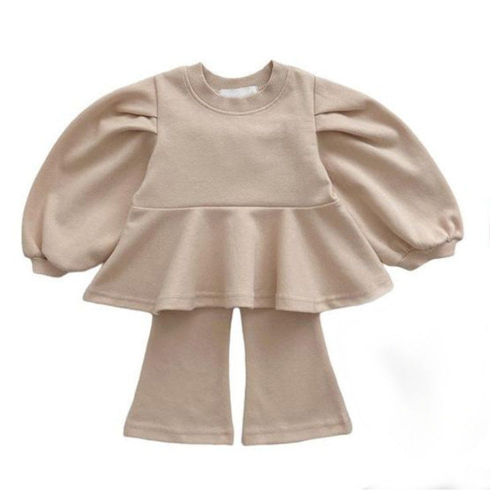 MyKids-USA® Spring and Autumn Baby Kids Girls Long Sleeves Solid Color Pullover and Flared Pants Clothing Set