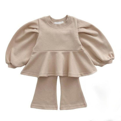 MyKids-USA® Spring and Autumn Baby Kids Girls Long Sleeves Solid Color Pullover and Flared Pants Clothing Set