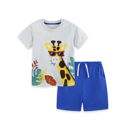 MyKids-USA® Arrival Summer Baby Kids Boys Short Sleeves Cartoon Pattern T-shirt and Plain Shorts Clothing Set
