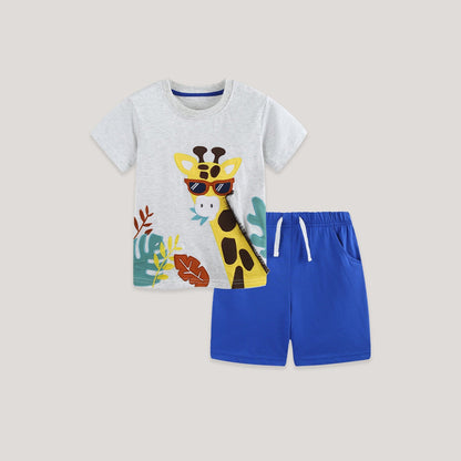 MyKids-USA® Arrival Summer Baby Kids Boys Short Sleeves Cartoon Pattern T-shirt and Plain Shorts Clothing Set