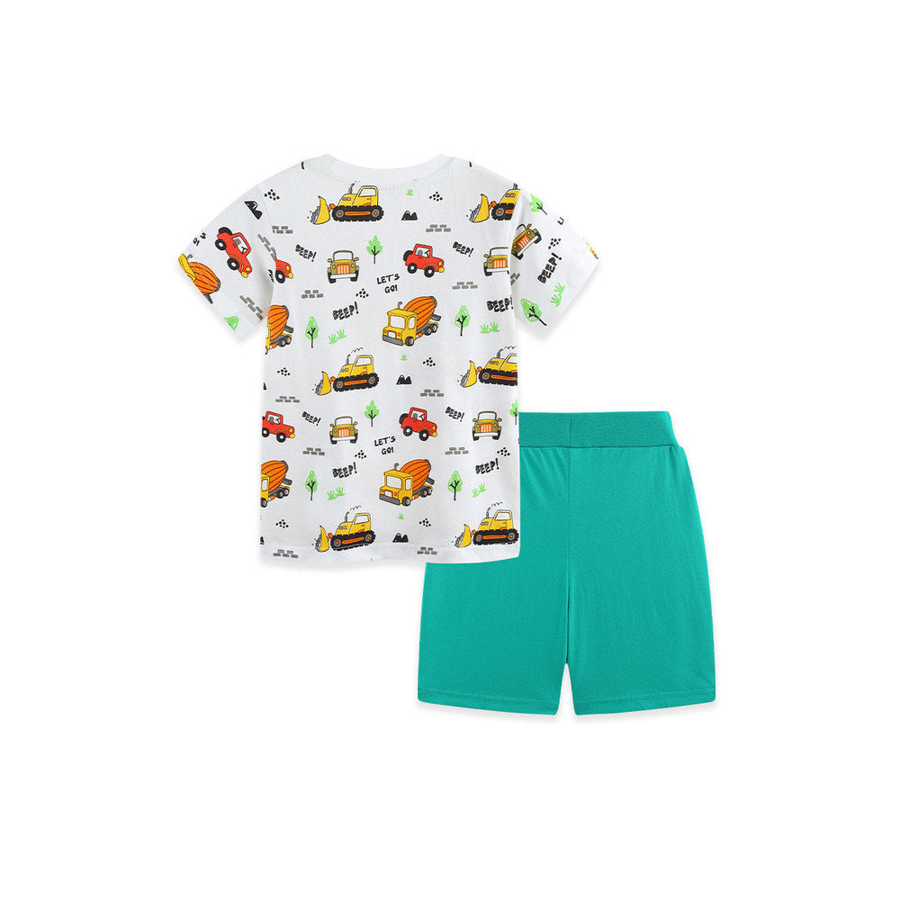 MyKids-USA® Arrival Summer Baby Kids Boys Short Sleeves Cartoon Pattern T-shirt and Plain Shorts Clothing Set