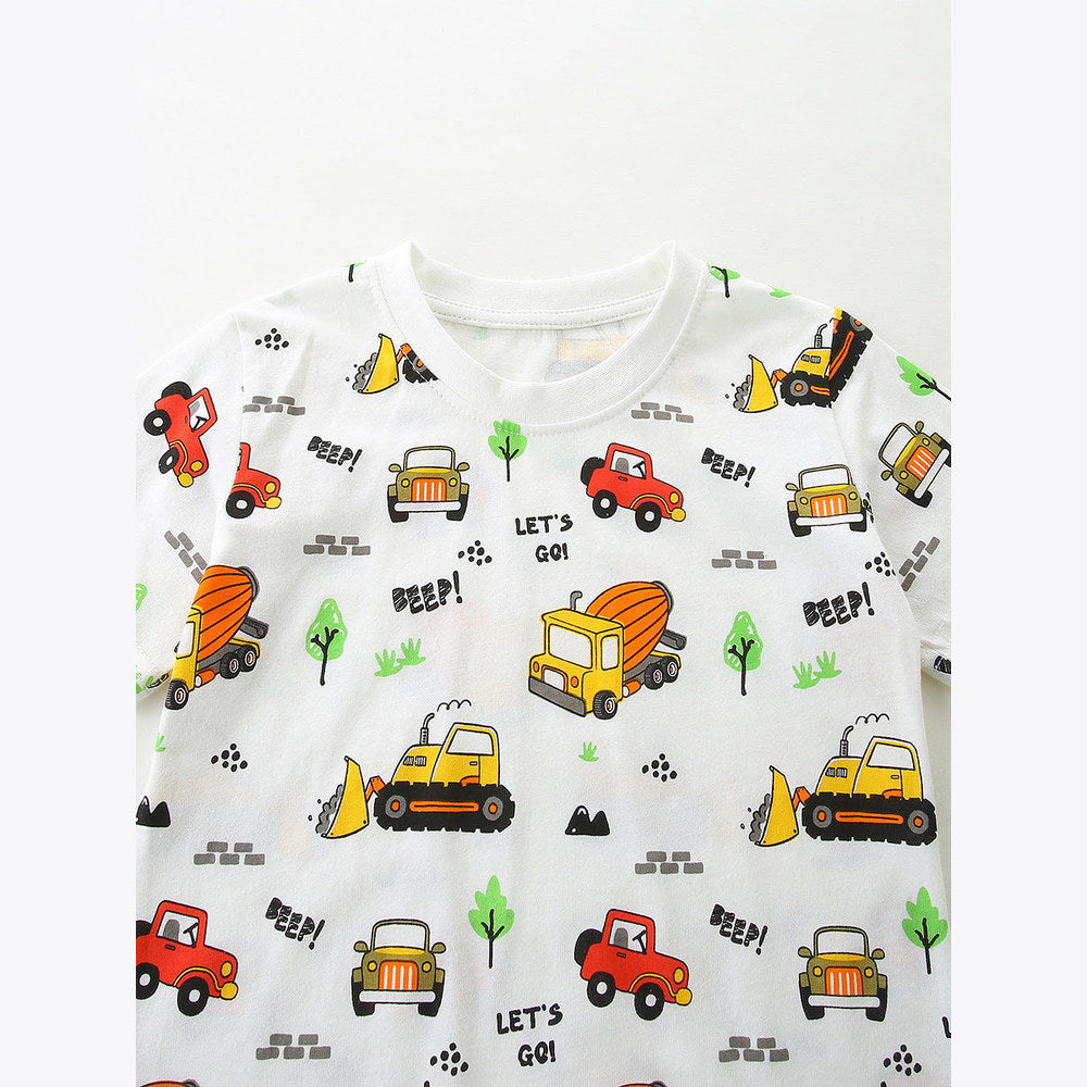 MyKids-USA® Arrival Summer Baby Kids Boys Short Sleeves Cartoon Pattern T-shirt and Plain Shorts Clothing Set