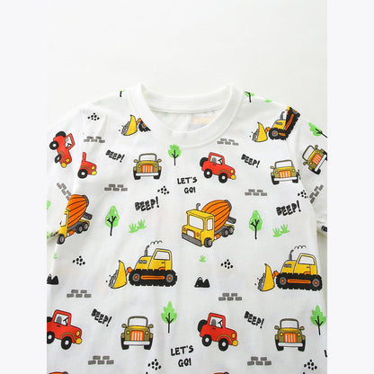 MyKids-USA® Arrival Summer Baby Kids Boys Short Sleeves Cartoon Pattern T-shirt and Plain Shorts Clothing Set