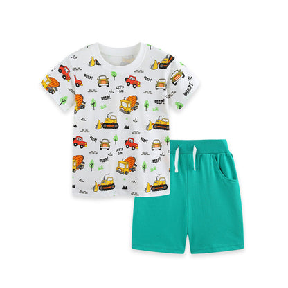 MyKids-USA® Arrival Summer Baby Kids Boys Short Sleeves Cartoon Pattern T-shirt and Plain Shorts Clothing Set