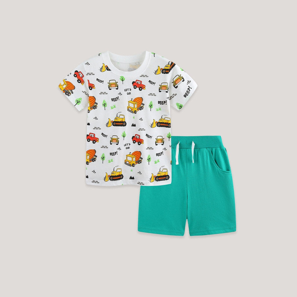 MyKids-USA® Arrival Summer Baby Kids Boys Short Sleeves Cartoon Pattern T-shirt and Plain Shorts Clothing Set