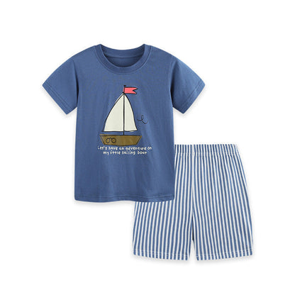 MyKids-USA® Arrival Summer Baby Kids Boys Short Sleeves Cartoon Pattern T-shirt and Striped Shorts Clothing Set