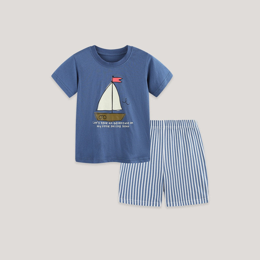 MyKids-USA® Arrival Summer Baby Kids Boys Short Sleeves Cartoon Pattern T-shirt and Striped Shorts Clothing Set