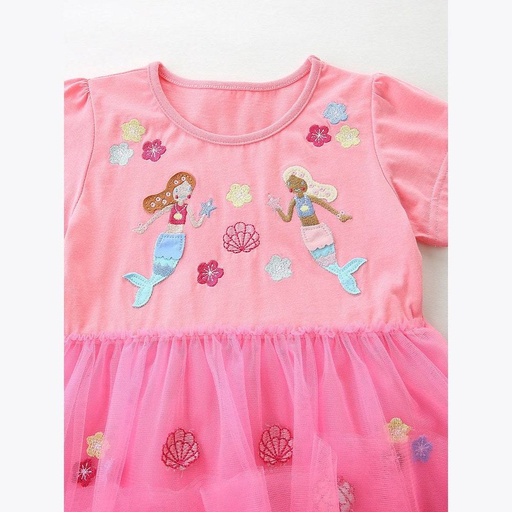 MyKids-USA® Summer Hot Selling Cute Cartoon Embroidered Pattern Short Sleeves Dress for Stylish Girls