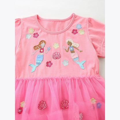 MyKids-USA® Summer Hot Selling Cute Cartoon Embroidered Pattern Short Sleeves Dress for Stylish Girls
