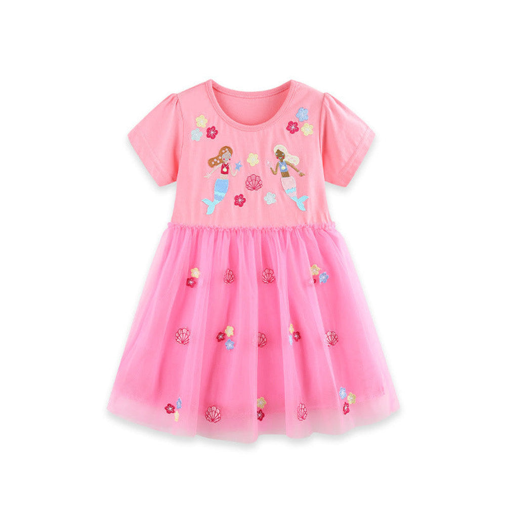 MyKids-USA® Summer Hot Selling Cute Cartoon Embroidered Pattern Short Sleeves Dress for Stylish Girls