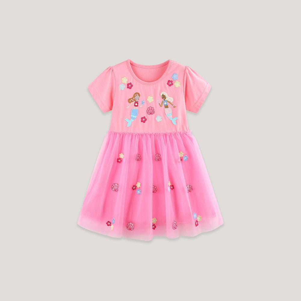 MyKids-USA® Summer Hot Selling Cute Cartoon Embroidered Pattern Short Sleeves Dress for Stylish Girls