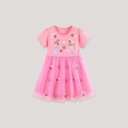 MyKids-USA® Summer Hot Selling Cute Cartoon Embroidered Pattern Short Sleeves Dress for Stylish Girls