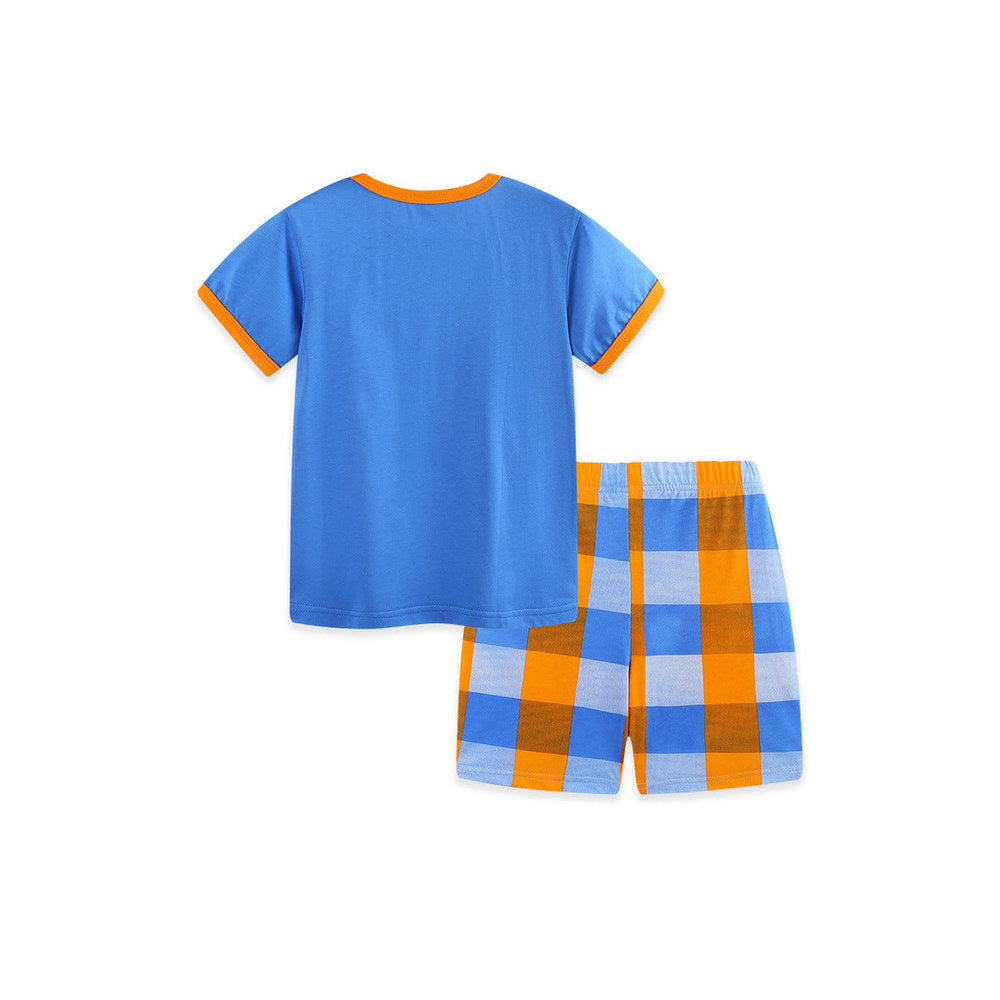MyKids-USA® Arrival Summer Baby Kids Boys Short Sleeves Cartoon Pattern T-shirt and Plaid Shorts Clothing Set