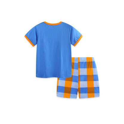 MyKids-USA® Arrival Summer Baby Kids Boys Short Sleeves Cartoon Pattern T-shirt and Plaid Shorts Clothing Set