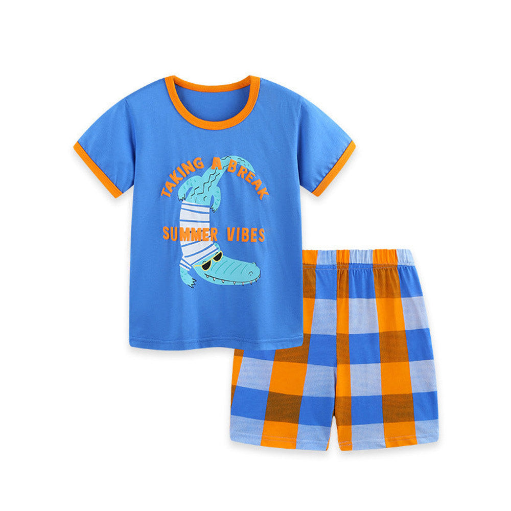 MyKids-USA® Arrival Summer Baby Kids Boys Short Sleeves Cartoon Pattern T-shirt and Plaid Shorts Clothing Set