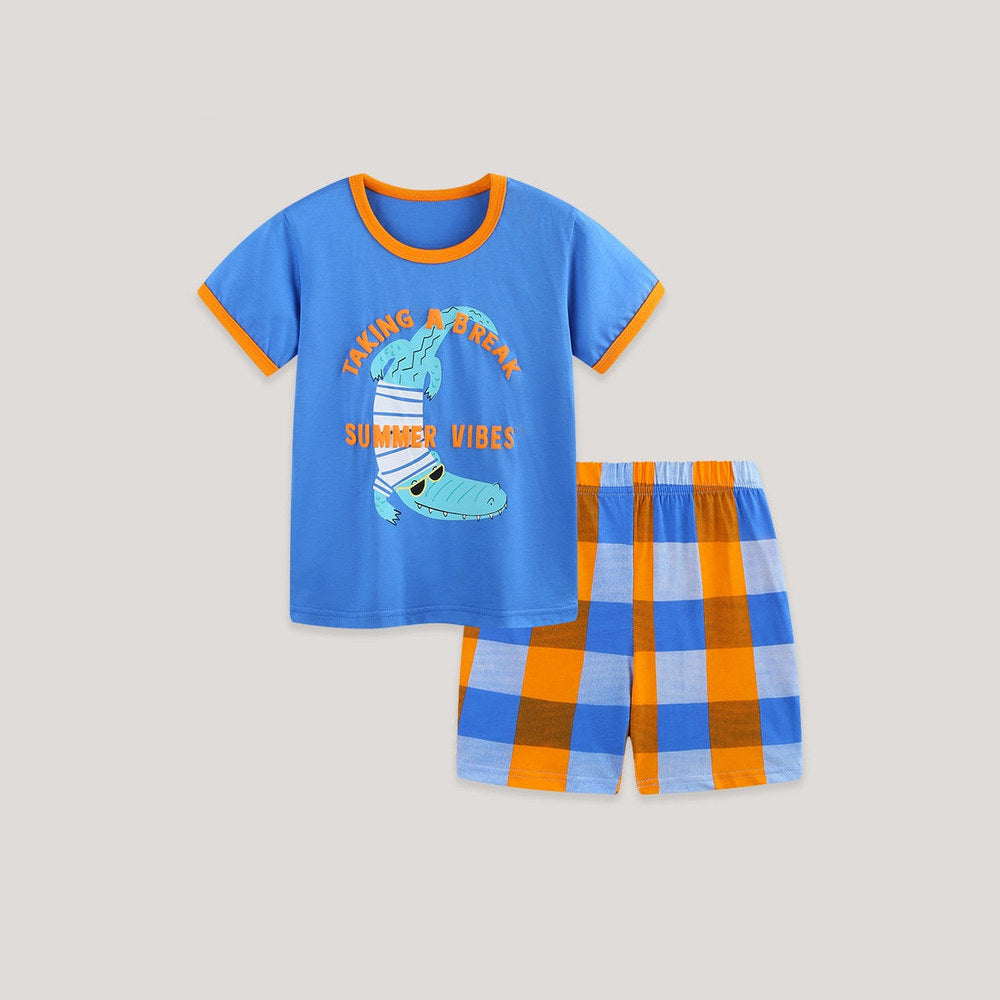 MyKids-USA® Arrival Summer Baby Kids Boys Short Sleeves Cartoon Pattern T-shirt and Plaid Shorts Clothing Set