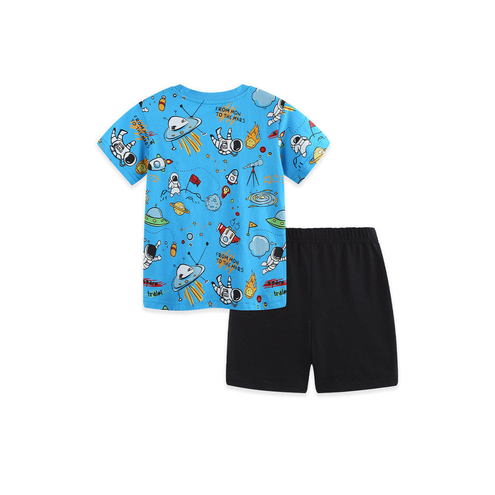 MyKids-USA® Arrival Summer Baby Kids Boys Short Sleeves Cartoon Pattern T-shirt and Plain Shorts Clothing Set