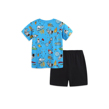 MyKids-USA® Arrival Summer Baby Kids Boys Short Sleeves Cartoon Pattern T-shirt and Plain Shorts Clothing Set