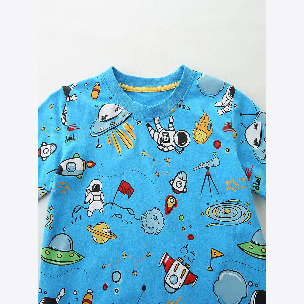 MyKids-USA® Arrival Summer Baby Kids Boys Short Sleeves Cartoon Pattern T-shirt and Plain Shorts Clothing Set