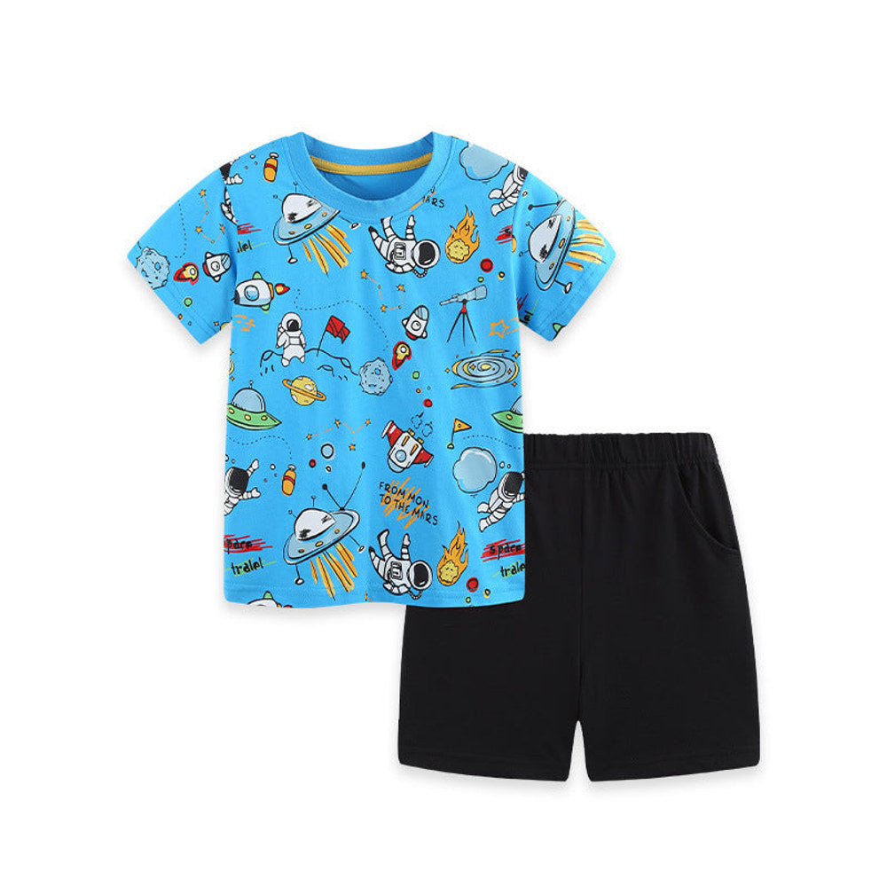 MyKids-USA® Arrival Summer Baby Kids Boys Short Sleeves Cartoon Pattern T-shirt and Plain Shorts Clothing Set