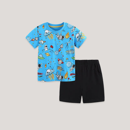 MyKids-USA® Arrival Summer Baby Kids Boys Short Sleeves Cartoon Pattern T-shirt and Plain Shorts Clothing Set