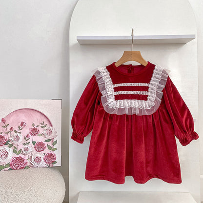 MyKids-USA® Autumn Lace Trim Baby Kids Girls Princess Long Sleeves Dress