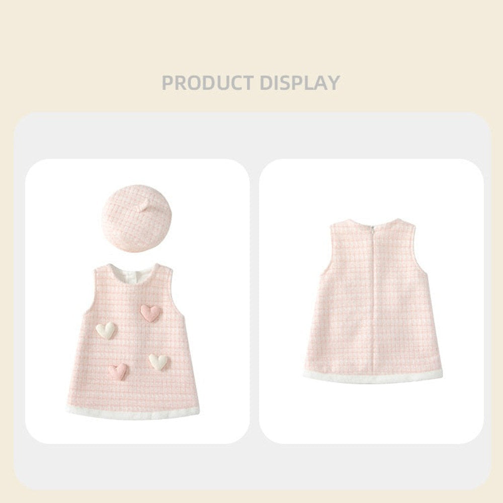 MyKids-USA® Autumn Arrival Baby Girls Thick Sleeveless Cute Hearts and Plaid Pattern Dress with Hat