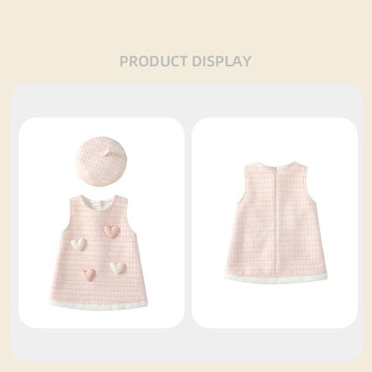MyKids-USA® Autumn Arrival Baby Girls Thick Sleeveless Cute Hearts and Plaid Pattern Dress with Hat