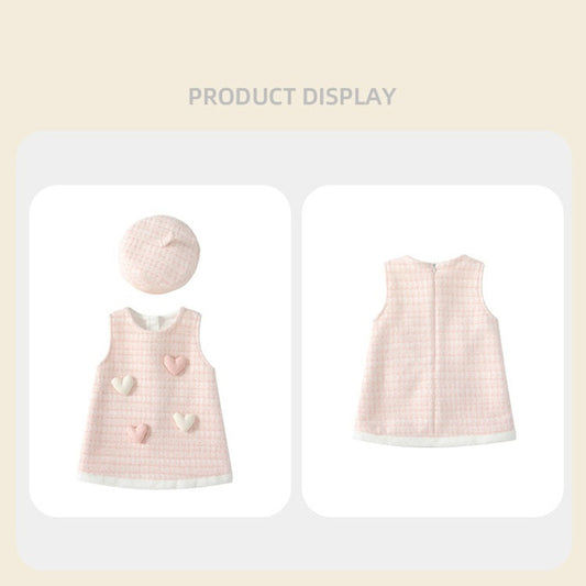 MyKids-USA® Baby Girls Thick Sleeveless Cute Hearts and Plaid Pattern Dress with Hat