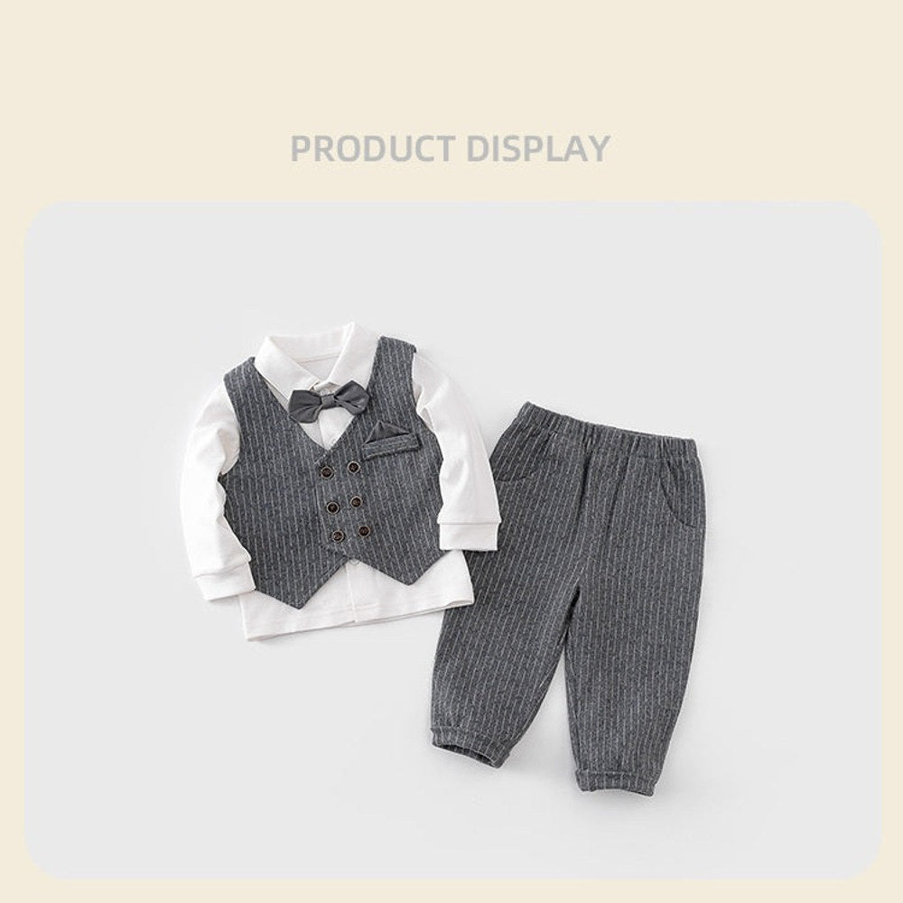 MyKids-USA® Autumn Winter Arrival Baby Boys Beige Shirt, English Striped Vest and Pants Clothing Set
