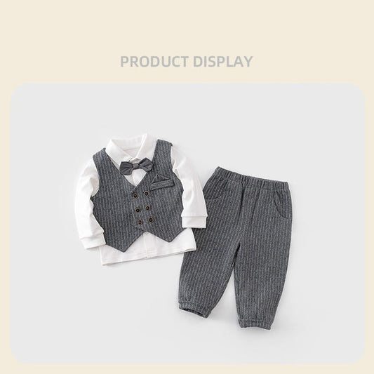 MyKids-USA® Autumn Winter Arrival Baby Boys Beige Shirt, English Striped Vest and Pants Clothing Set