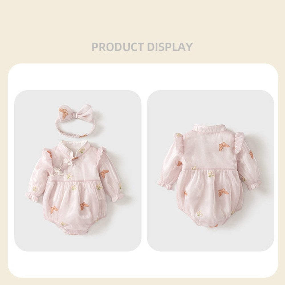 MyKids-USA® Autumn Arrival Baby Girls Long Sleeves Cute Flowers Pattern Embroidered Bodysuit with Headband