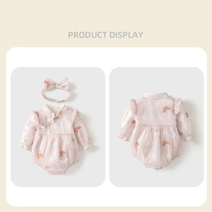 MyKids-USA® Autumn Arrival Baby Girls Long Sleeves Cute Flowers Pattern Embroidered Bodysuit with Headband