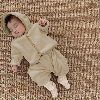 MyKids-USA® Winter and Autumn Baby Kids Unisex Fluffy Plain Hooded Coat and Color Patchwork Pants Clothing Set