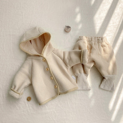 MyKids-USA® Winter and Autumn Baby Kids Unisex Fluffy Plain Hooded Coat and Color Patchwork Pants Clothing Set