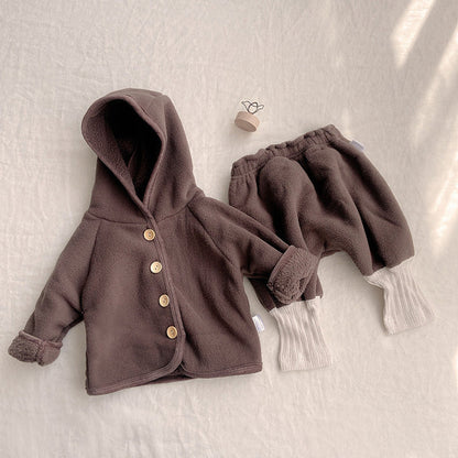MyKids-USA® Winter and Autumn Baby Kids Unisex Fluffy Plain Hooded Coat and Color Patchwork Pants Clothing Set