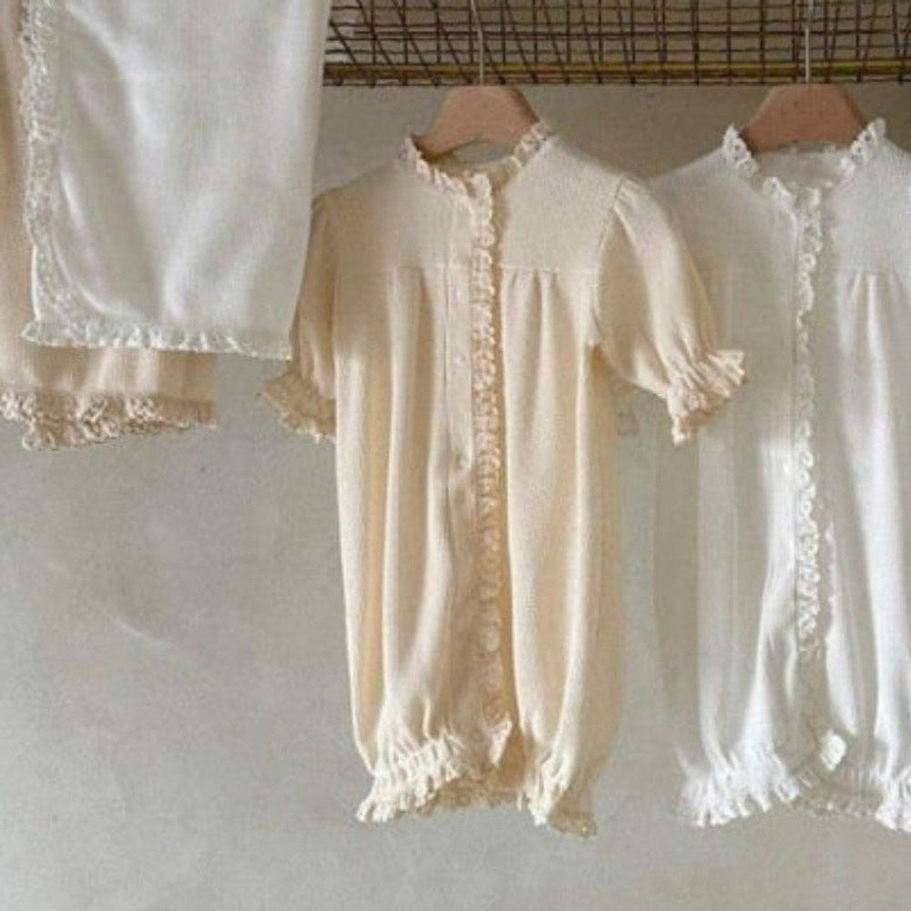 MyKids-USA® Autumn Arrival Baby Kids Long Sleeves Solid Color Waffle Grid Lace Trim Rompers