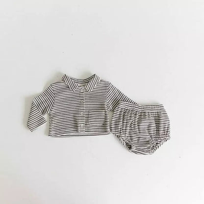 MyKids-USA® Spring and Autumn Baby Kids Long Sleeves Striped Pattern Turn-down Collar Shirt and Bloomers Clothing Set
