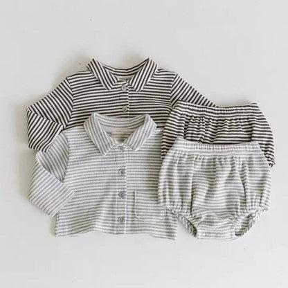 MyKids-USA® Spring and Autumn Baby Kids Long Sleeves Striped Pattern Turn-down Collar Shirt and Bloomers Clothing Set