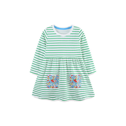 MyKids-USA® Autumn Arrival Baby Kids Girls Princess Striped and Flowers Pattern Long Sleeves Dress