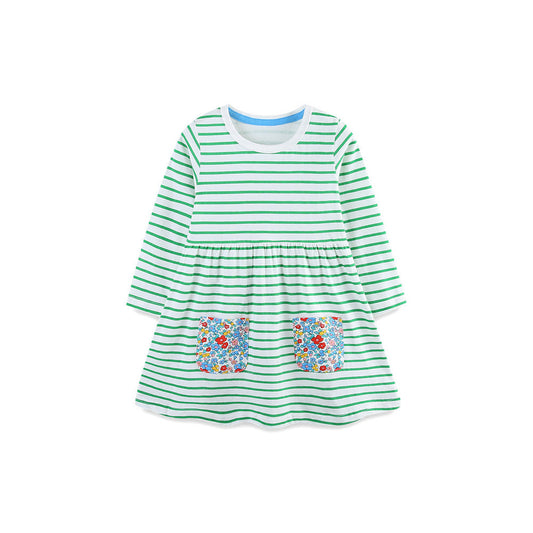 MyKids-USA® Autumn Arrival Baby Kids Girls Princess Striped and Flowers Pattern Long Sleeves Dress
