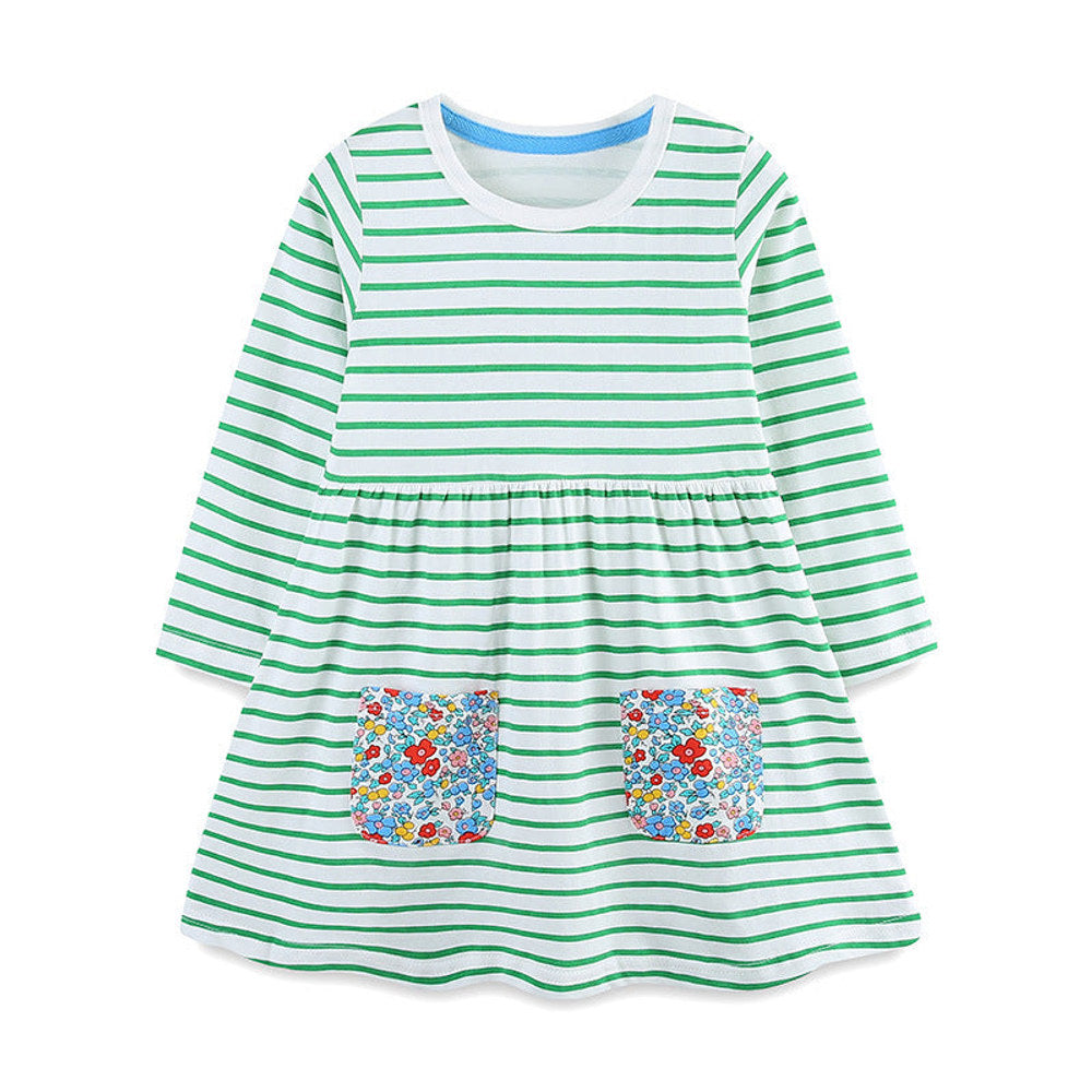 MyKids-USA® Autumn Arrival Baby Kids Girls Princess Striped and Flowers Pattern Long Sleeves Dress