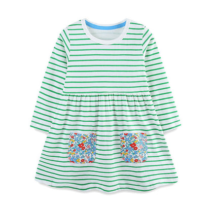 MyKids-USA® Autumn Arrival Baby Kids Girls Princess Striped and Flowers Pattern Long Sleeves Dress