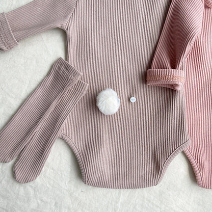 MyKids-USA® Autumn Arrival Baby Long Sleeves Solid Color Bodysuit with Hat, Socks