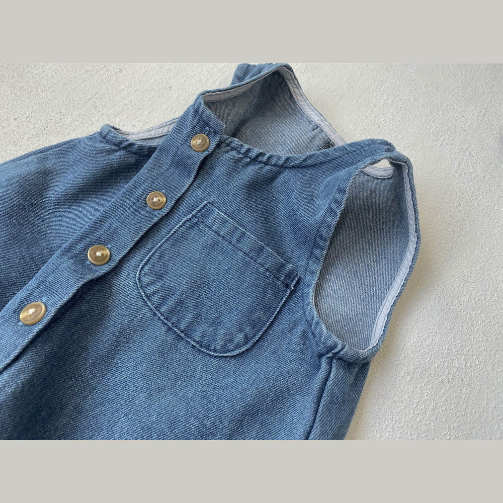 MyKids-USA® Autumn Hot Selling Baby Unisex Solid Color Sleeveless Wear-Outside Denim Romper Overalls