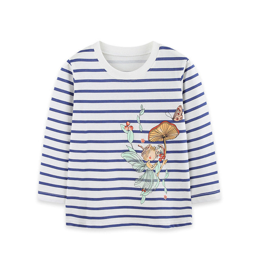 MyKids-USA® Autumn Arrival Kids Girls Cartoon and Striped Pattern Crew Neck Long Sleeves Top