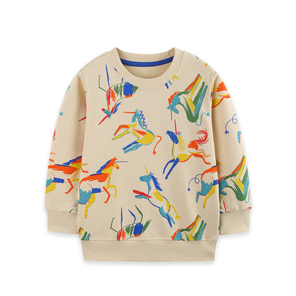 MyKids-USA® Autumn Arrival Kids Boys Horse Pattern Crew Neck Long Sleeves Top