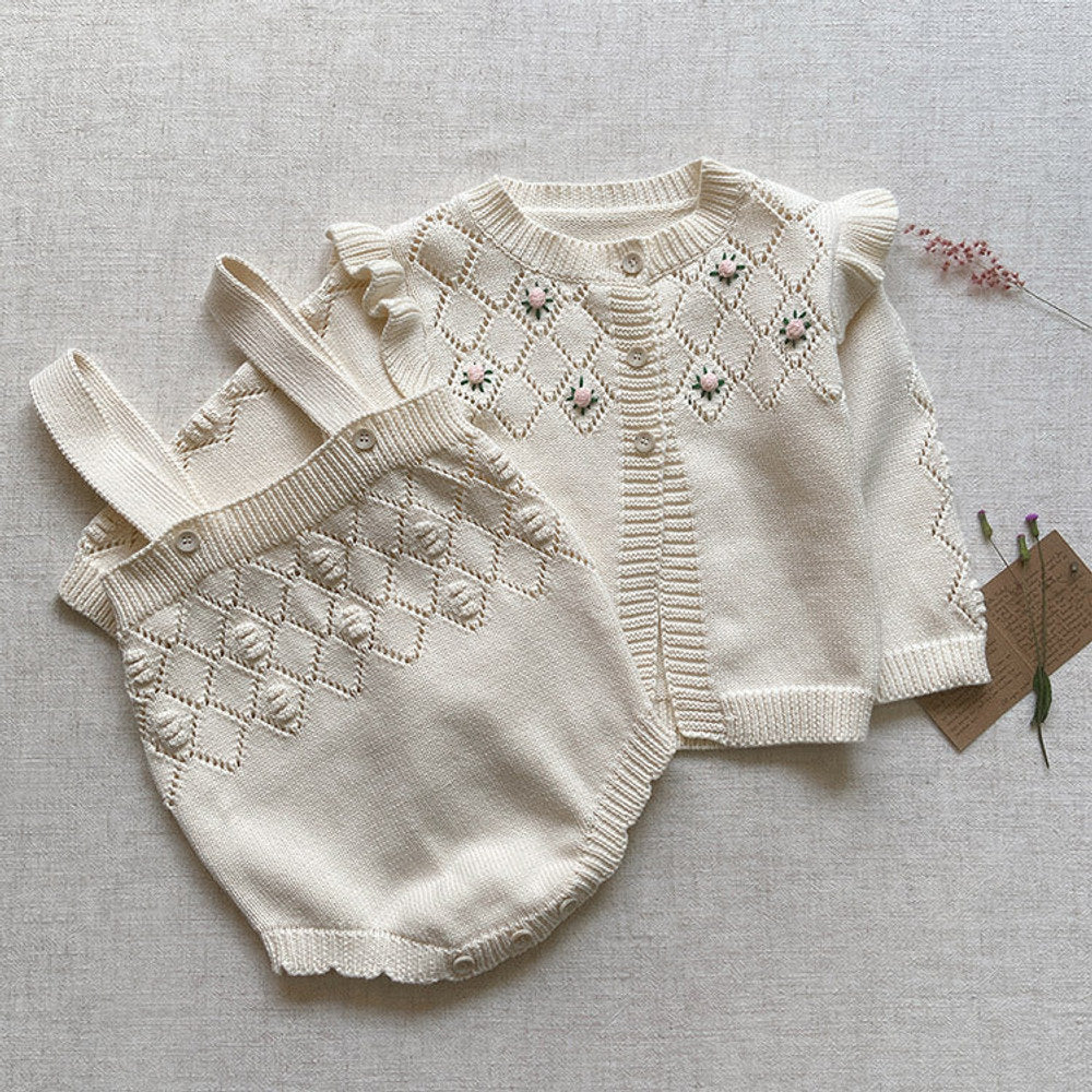 MyKids-USA® Autumn Baby Kids Girls Long Sleeves Flowers Pattern Cardigan and Hollow-out Strap Overalls Onesies Knitted Clothing Set