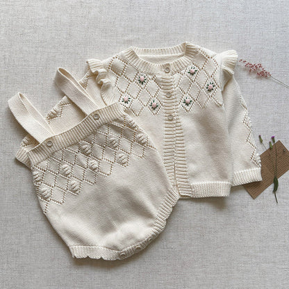 MyKids-USA® Autumn Baby Kids Girls Long Sleeves Flowers Pattern Cardigan and Hollow-out Strap Overalls Onesies Knitted Clothing Set